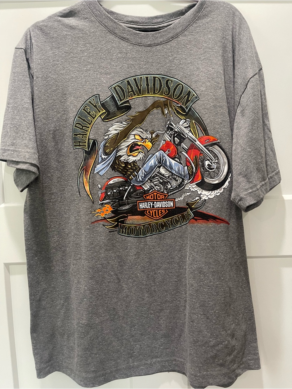 Harley-Davidson Gray Tee with Red Motorcycle & Eagle Graphic